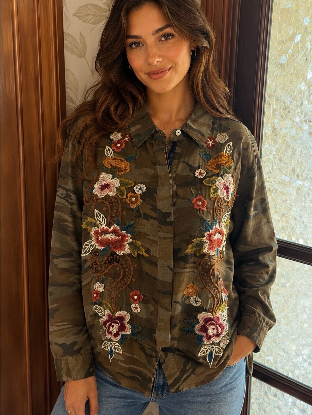 Johnny Was Workshop M Camouflage Esmeralda Handkerchief Bolero Shirt Silk